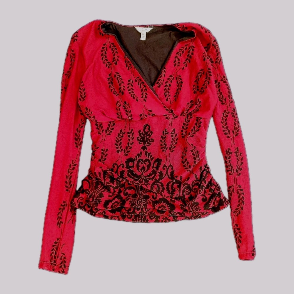 Y2K Dark Red Burnout Damask Babydoll Top Whimsigoth‎ Fairy Long Sleeve Size PM